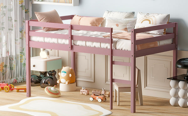 English Elm Solid Twin Loft Bed with Ladder and Reinforced Slats for Storage-Friendly, Space-Saving Bedrooms Pink W504P190960
