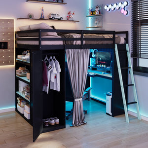 English Elm Full Size Wood Loft Bed with Wardrobe Desk Shelves Rgb Lighting and Blackout Curtains Black+Blue LT000269AAC-1