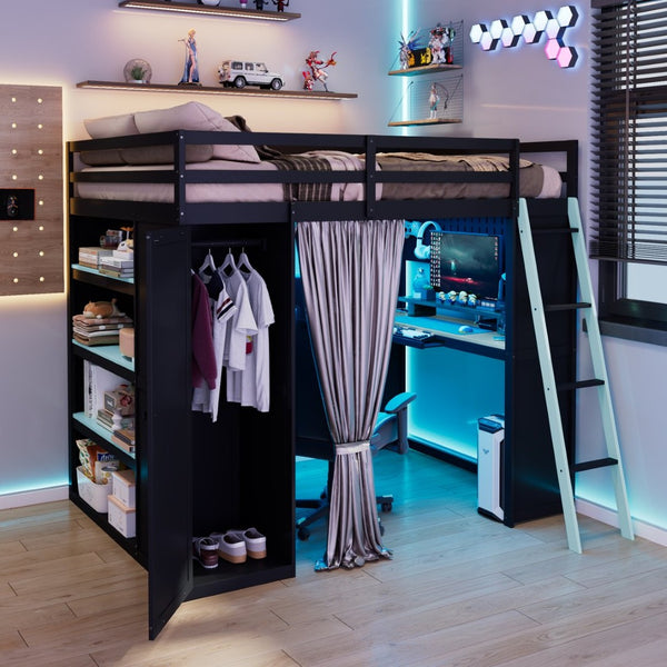 English Elm Full Size Wood Loft Bed with Wardrobe Desk Shelves Rgb Lighting and Blackout Curtains Black+Blue LT000269AAC-1