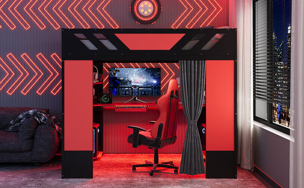 English Elm Full Size Loft Bed with Desk Blackout Curtains Rgb Lighting and Integrated Storage Black+Red LT000377AAJ
