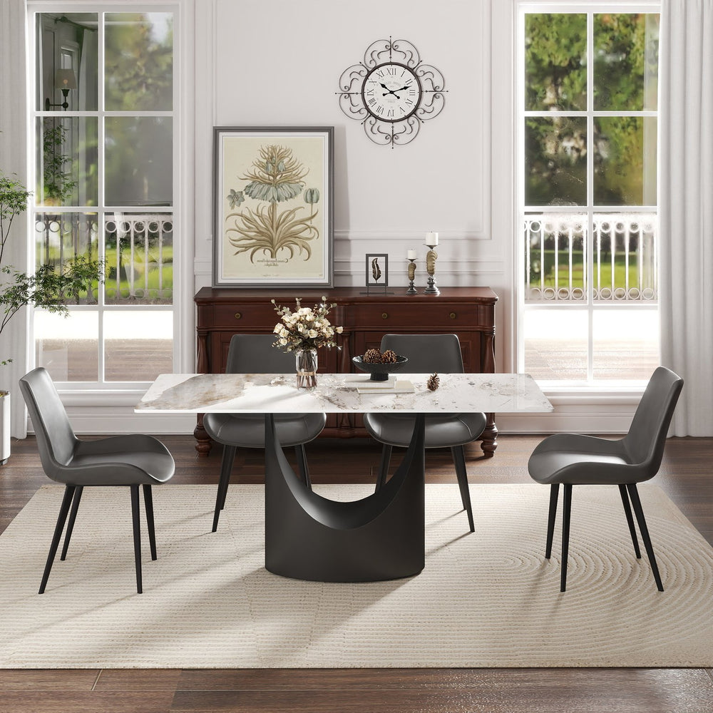 English Elm 63" Modern Artificial Stone Dining Table With Black Iron Legs - Seats 6-8, Elegant & Durable Design W1535S00562