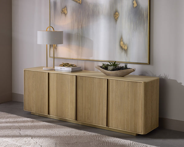 Sunpan Kalla Sideboard: Elegant Oak Design with Brushed Gold Accents, Soft Closing Doors, and Adjustable Shelves Rustic Oak