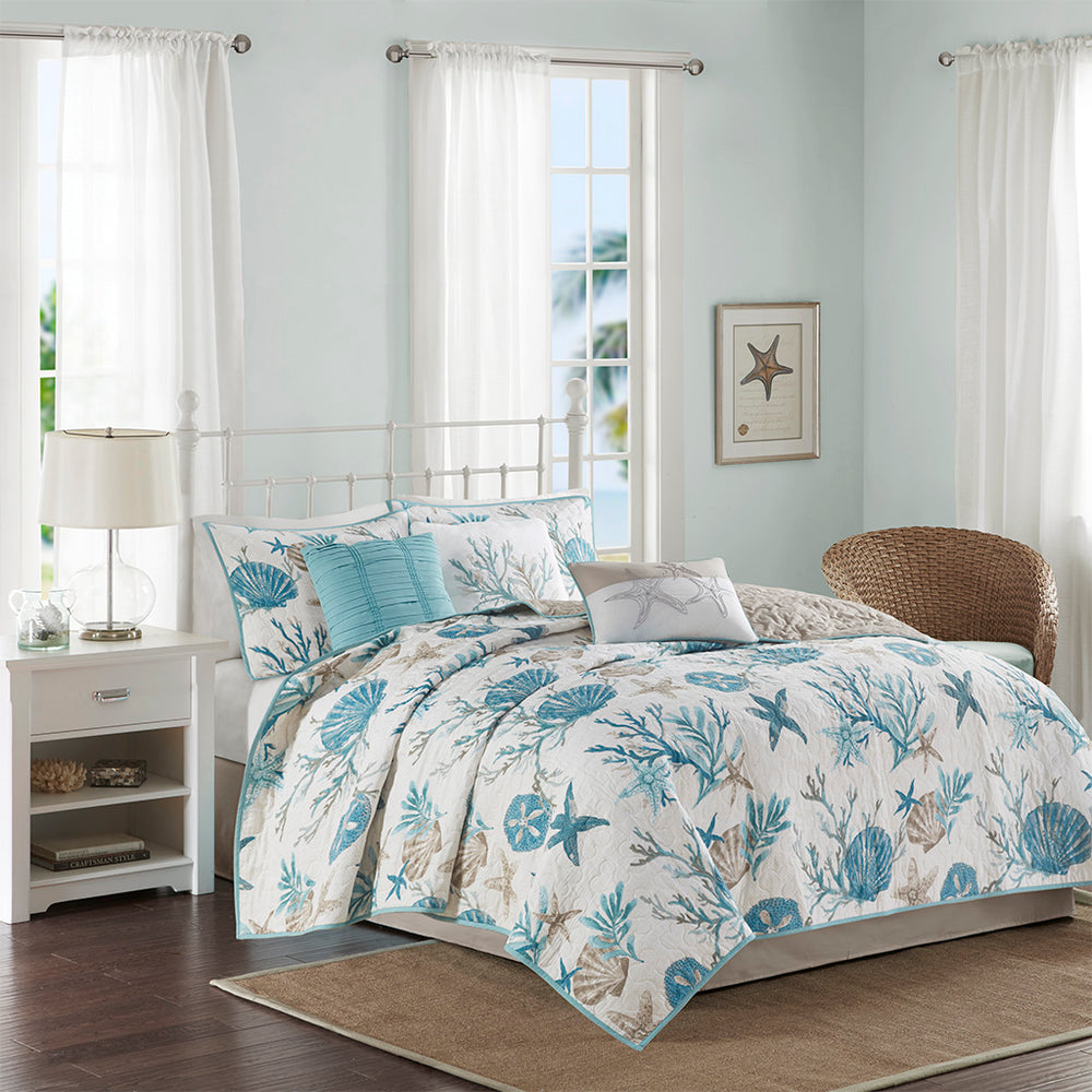 JLA Home Madison Park - 6 Piece Cotton Sateen Quilt Set Pebble Beach Shell & Starfish Pattern with Taupe Reverse, OEKO-TEX Certified Aqua MP13-8077