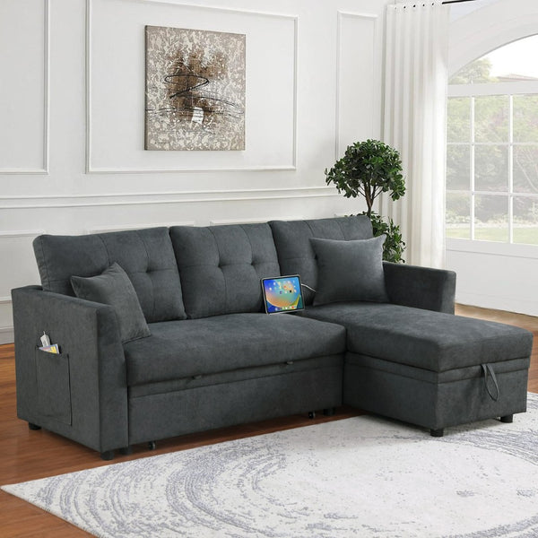 English Elm Sectional Sofa Bed - L-Shaped Velvet Couch With Usb Port, Reversible Sleeper & Storage Chaise, Gray B205S00012-GIGA
