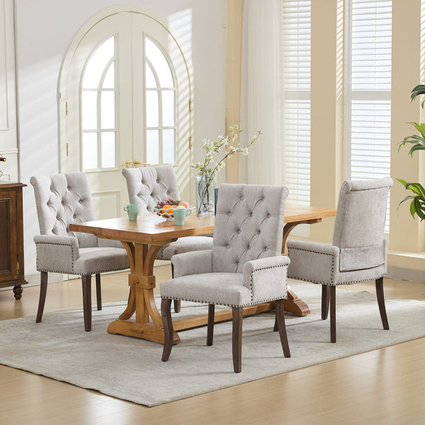 English Elm Upholstered Chenille Dining Chair with Hand-Tufted Back, Curved Solid Wood Legs, Comfortable Armseat Beige W1143P346927