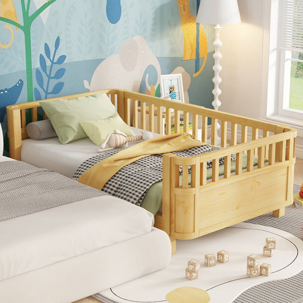 English Elm Twin Solid Pine Platform Bed with Guardrail for Kids, Low-Profile Twin Frame Durable 250LB Capacity W2593P367051