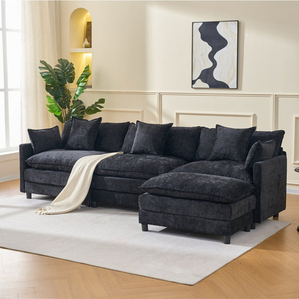 English Elm 108" L-shaped Chenille Cloud Sectional Deep Seat Sofa with Ottoman for Living Rooms Black W3244S00004