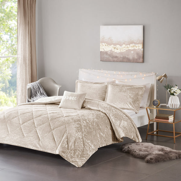 JLA Home Intelligent Design - Velvet Crushed-velvet Comforter Set with Diamond Quilting, Hypoallergenic Fill & Elegant Sheen Champagne ID10-2402
