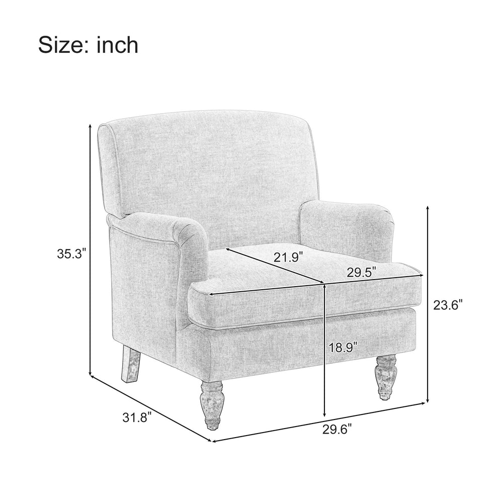 English Elm Vintage Linen Armchair with Rolled Arms and Turned Wood Legs — Plush Cushions, Sturdy Support, Timeless Accent for Living Spaces Cream 29.84 L x 29.5 W x 18.42 H N701P326070C
