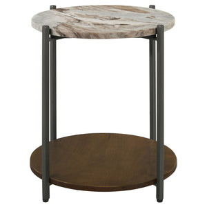 English Elm Bleskin Round Marble Top Side Table with Mango Wood Shelf and Gunmetal X Base B062P447941