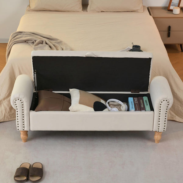 English Elm Storage Ottoman Bench Upholstered in Beige Fabric with Rolled Arms and Rubberwood Legs W3523P450228