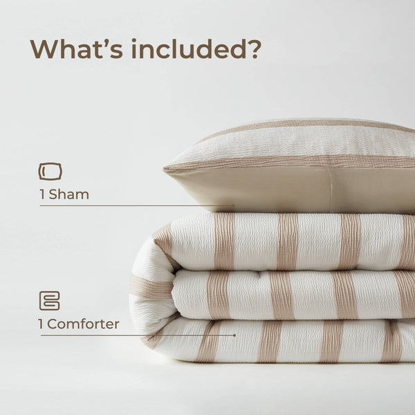 English Elm 2-piece Yarn-dyed Striped Polyester Comforter Set with Seersucker Texture for Year-round Comfort Taupe B035P463215