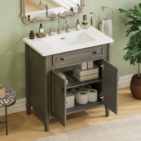 English Elm Christopher Knight Home® - 30 Inches Vintage Bathroom Vanity With Sink – Rustic Gray Cabinet, Soft-Close Doors & Ceramic Top N817P299472G
