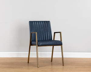Sunpan Homer Dining Armchair - Stylish Industrial Design with Antique Brass Frame and Bold Channel Stitching Bravo Admiral