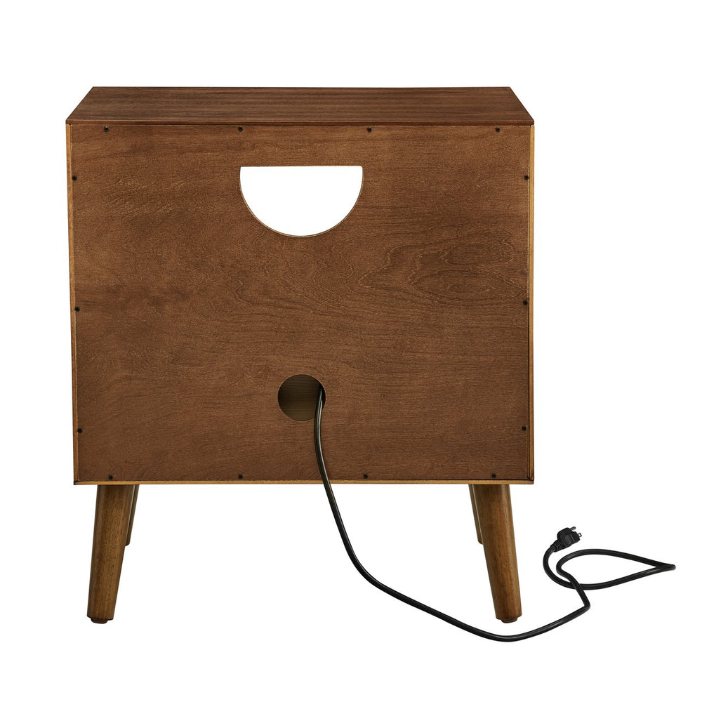 English Elm Mid Century Modern fluted nightstand with USB ports, dual outlets, drawer & open shelf, walnut finish W1801P288512