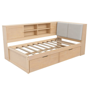 English Elm Wooden Twin L-shaped Corner Bed Pine Frame Bookcase Storage Usb Charging Ports BS701P337660N