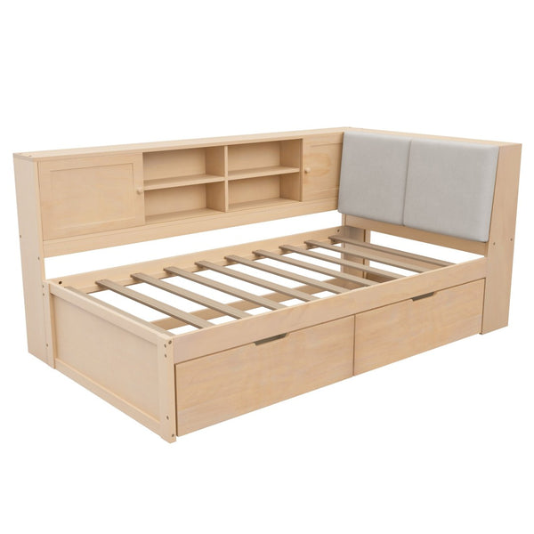 English Elm Wooden Twin L-shaped Corner Bed Pine Frame Bookcase Storage Usb Charging Ports BS701P337660N