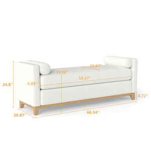English Elm 66.34 Inch Sherpa Fleece Bench with Fluted Wood Legs Bolster Pillows Mid-century Lounge Beige+Natural W1658P445918
