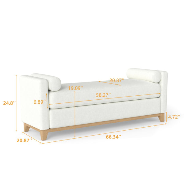 English Elm 66.34 Inch Sherpa Fleece Bench with Fluted Wood Legs Bolster Pillows Mid-century Lounge Beige+Natural W1658P445918