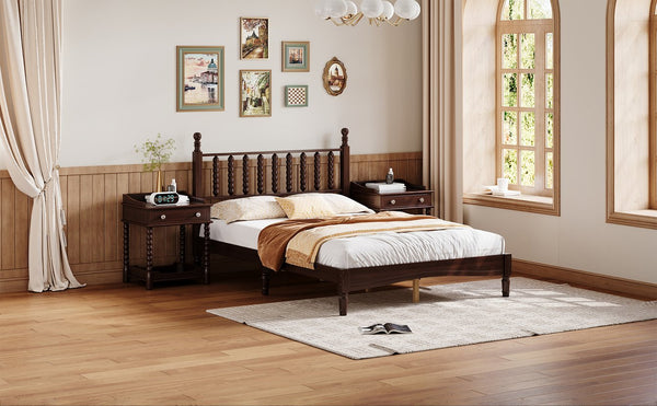 English Elm Full Full Size Wood Platform Bed with Gourd Headboard, Walnut Retro Charm, Solid Slat Support, 500LB Capacity N733P338317D