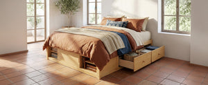 English Elm Queen Platform Bed with Four Storage Drawers Footboard Cubby Modern Low Profile Frame Natural LP000138AAN