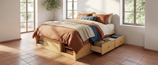 English Elm Queen Platform Bed with Four Storage Drawers Footboard Cubby Modern Low Profile Frame Natural LP000138AAN