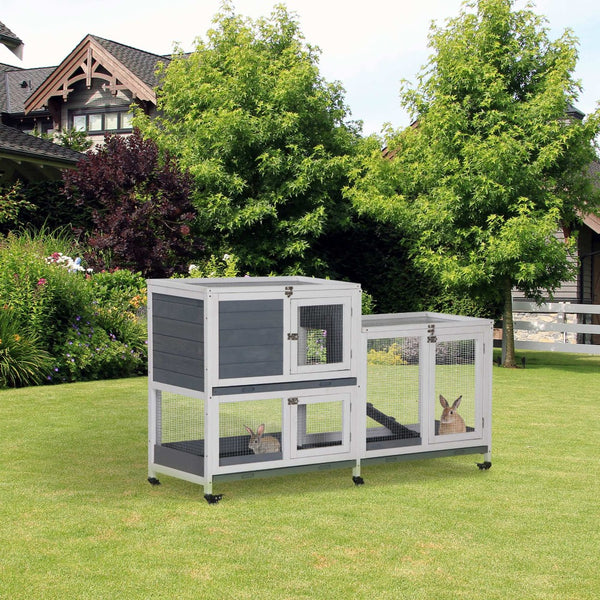 English Elm Pawhut Two Story Fir Wood Indoor Rabbit Hutch on Casters with Sliding Tray W2225P229225