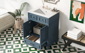 English Elm 24'' Retro Bathroom Vanity Solid Rubberwood Frame Ceramic Sink Soft Close Storage Blue N710P405405C