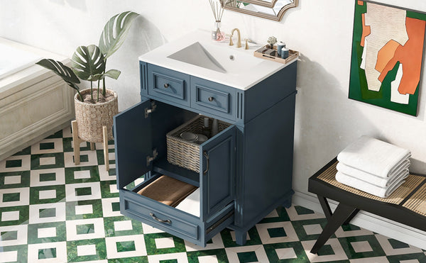 English Elm 24'' Retro Bathroom Vanity Solid Rubberwood Frame Ceramic Sink Soft Close Storage Blue N710P405405C