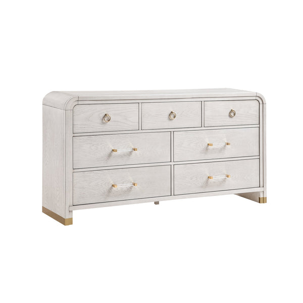 English Elm Malco Queen Oak 5PC Bedroom Set with Upholstered Headboard, Acrylic Posts, Gold Accents & Storage B201S00425