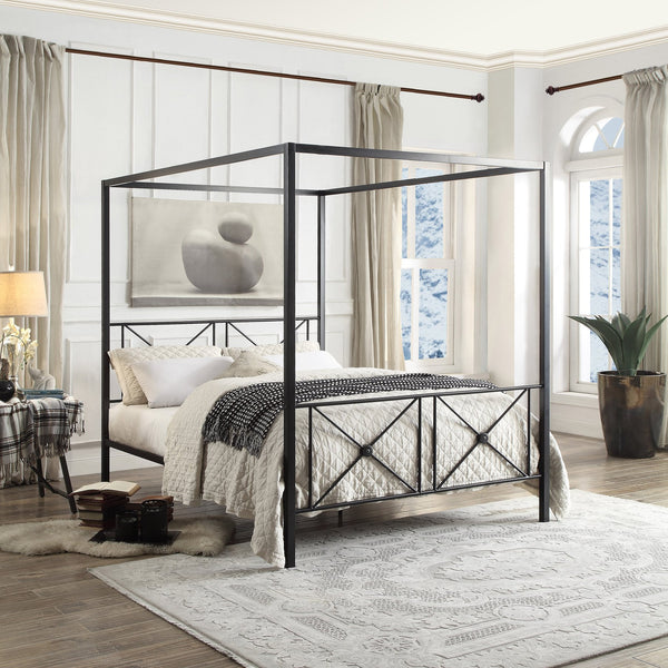 English Elm Black Queen Platform Canopy Bed with Double X Metal Frame and Medallion Accents for Modern-Traditional Bedrooms Black 84.5 L x 22 W x 4.75 H B011P207846