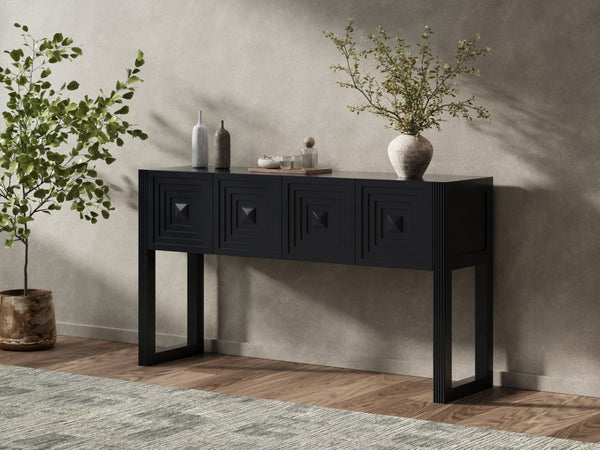 English Elm [video] Art Deco Console Table Geometric Carved Fronts Fluted Legs 3 Soft-close Drawers Black N759P433572B