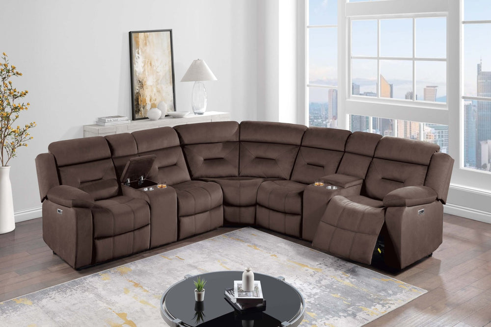 English Elm Contemporary Power Reclining Sectional Velvet Tufted Five Seat Living Room Set Chocolate B011S02153