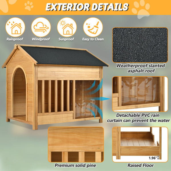 English Elm 60.2" Insulated Outdoor Dog House with Porch & Asphalt Roof, Elevated Pine Kennel for Dogs up to 120 lbs N704G201612A