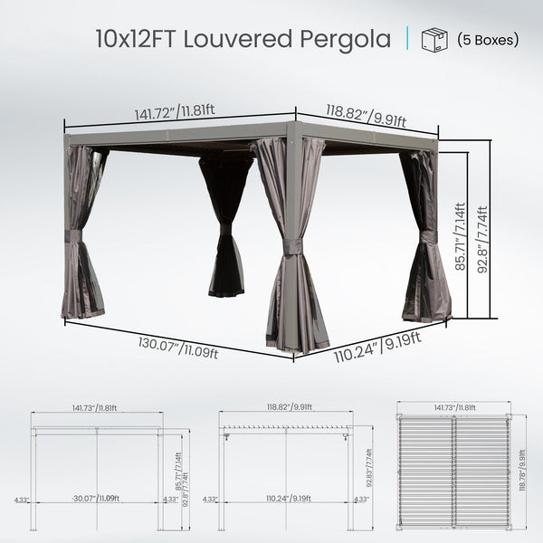English Elm 10x12 Louvered Pergola with Dual Adjustable Louvers, Integrated Gutter, Durable Aluminum Shade Structure Gray W1859S00125