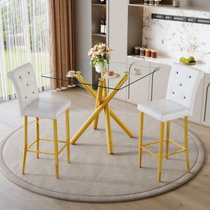 English Elm Modern Glass Top Pub Set with Gold Chrome Base and White Leather Stools for Home Bar W3875S00038