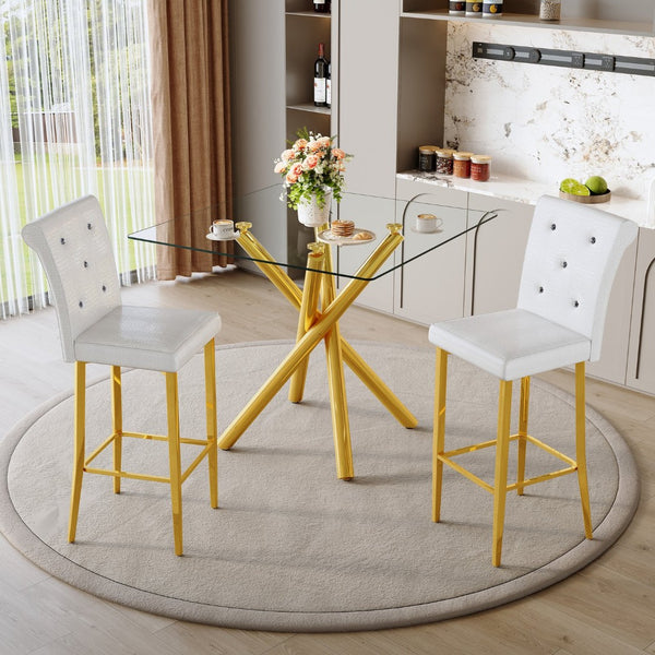 English Elm Modern Glass Top Pub Set with Gold Chrome Base and White Leather Stools for Home Bar W3875S00038