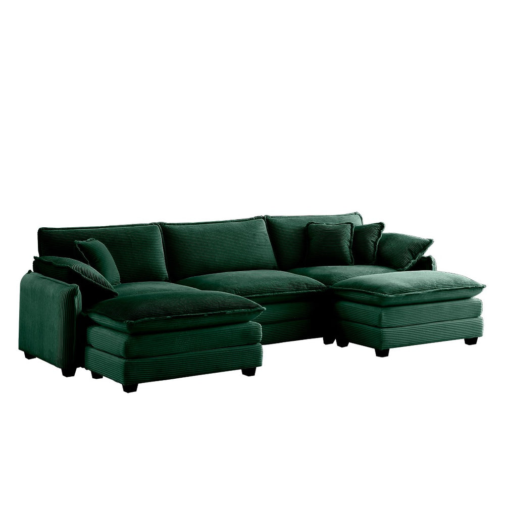 English Elm Oversized Modular Sofa In Green Corduroy - U-Shaped 3-Seater With Convertible Ottoman & Footstools W714S00738-GIGA