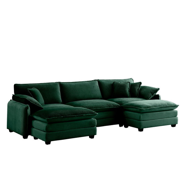 English Elm Oversized Modular Sofa In Green Corduroy - U-Shaped 3-Seater With Convertible Ottoman & Footstools W714S00738-GIGA