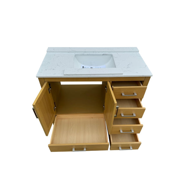 English Elm 42" Oak Bathroom Vanity with Carrara Top Ceramic Sink Five Drawers Two Doors T3785P442240