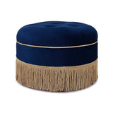 English Elm Yolanda 24" Round Upholstered Accent Ottoman, Navy Blue Velvet With Gold Trim