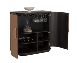 Sunpan Dresden Bar Cabinet - Mid-Century Elegance with Smoke Grey Oak, Faux Leather Doors & Wine Storage