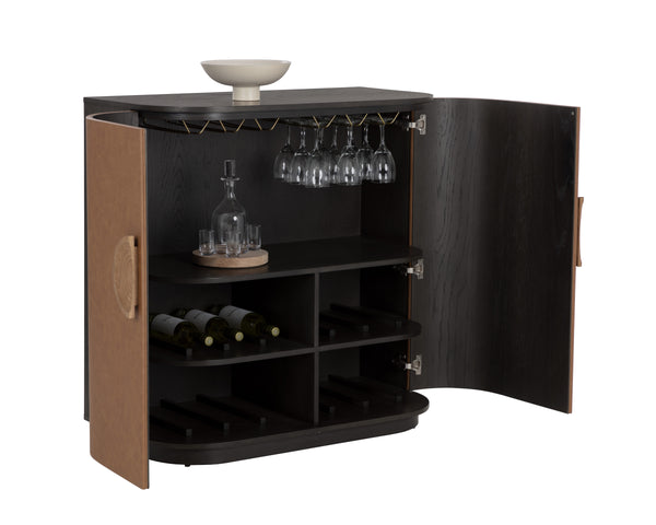 Sunpan Dresden Bar Cabinet - Mid-Century Elegance with Smoke Grey Oak, Faux Leather Doors & Wine Storage