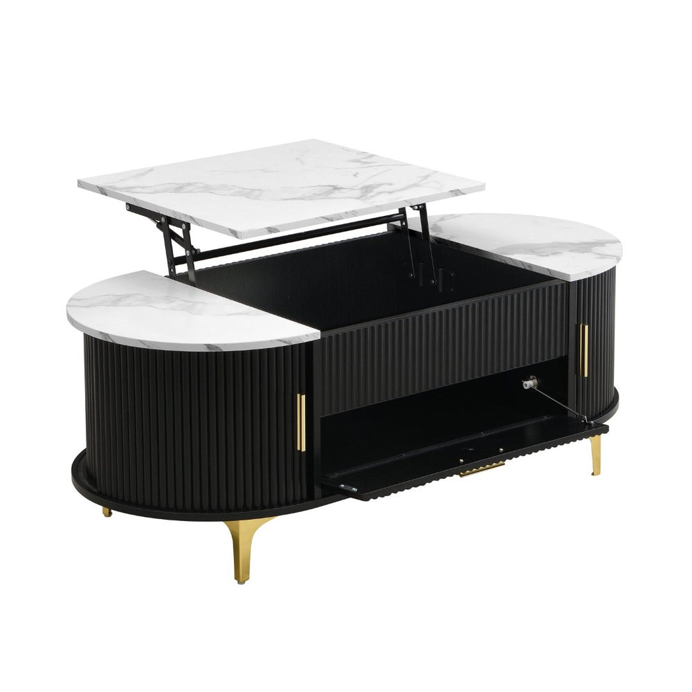 English Elm Modern Mid-century Coffee Table Tambour Doors Open Shelves Warm Wood Living Room Black,Gold,White N770P333549B
