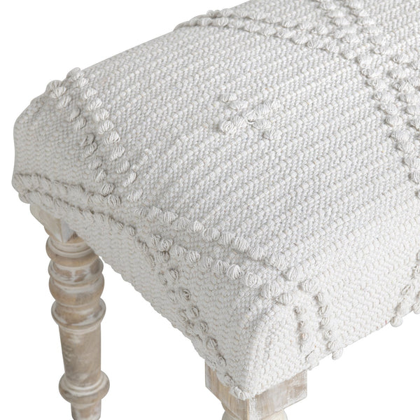 Crestview Collection Traditional Upholstered Accent Bench - Creamy White Cotton, Tufted Pattern, Rustic Mango Wood Legs White Solid Wood Cvfnr4233