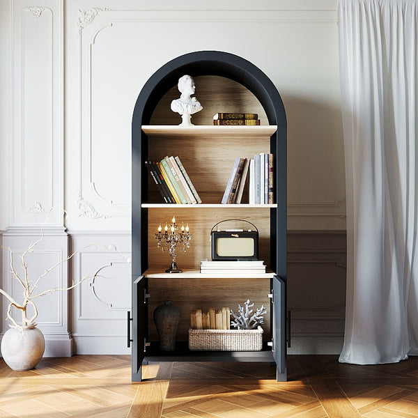 English Elm 66.70 Arched Bookcase with Door and Open Shelves, Mid-Century Black Wood Tone Accent Storage Cabinet W3123P278017