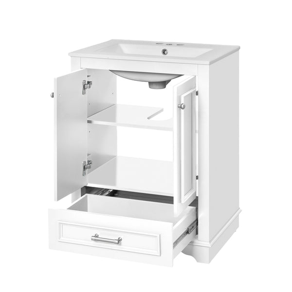 English Elm 24'' Bathroom Vanity with Ceramic Sink Combo Modern Freestanding MDF Cabinet with Soft-Close Doors and Sleek Silver Handles for Spacious Organized Bathroom Storage White N710P194893K