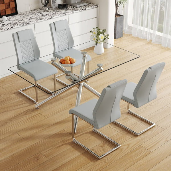 English Elm Table Set - Modern Luxurious Transparent Glass Dining Table With 4 Light Gray Pu Chairs & Metal Legs W1151S04131-GIGA