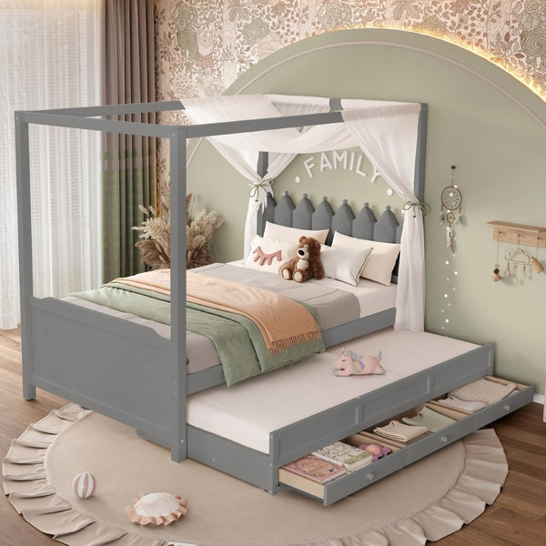 English Elm Full Bunk Bed with Trundle Bookshelf Storage Pine Frame Car Design for Kids W1580S00318