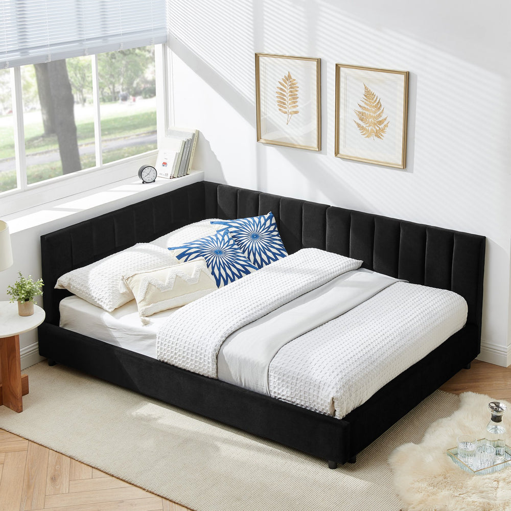 English Elm Full Size Upholstered Tufted Bed Frame In Luxurious Black Velvet - Stylish Sofa Bed With Armrests W487S00331